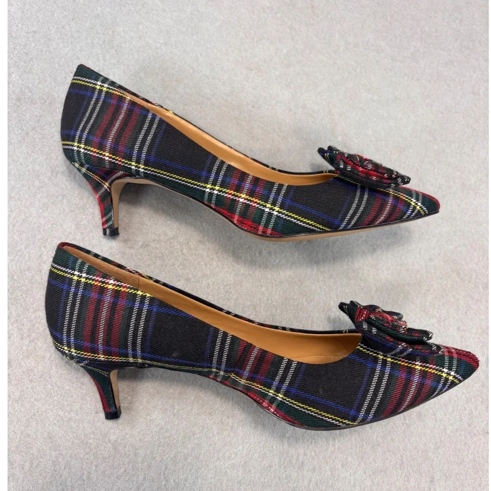 J.Crew Esme Tartan Plaid Kitten Heel Pumps W/ Bow Black & Red Sz 7.5 holiday